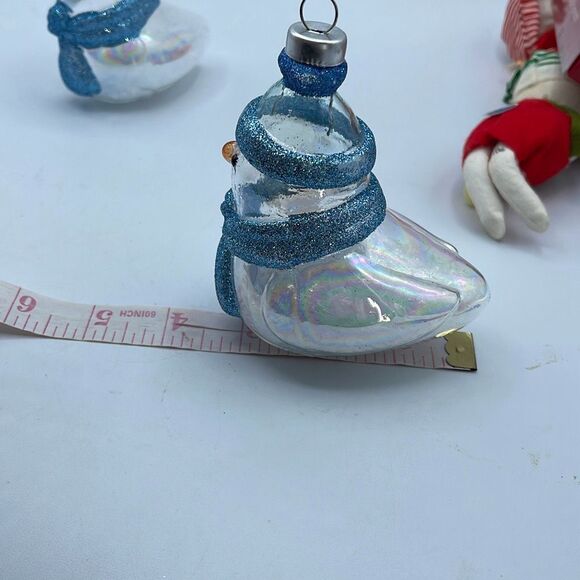 Lot of 2 glass chickadee ornaments with scarves and hats. Faux snow in bottoms. - Picture 9 of 10